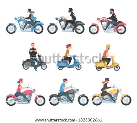 People Riding Motorcycles and Scooters Set, Side View of Young Men and Women Riding on Two Wheels Transport Concept Cartoon Style Vector Illustration