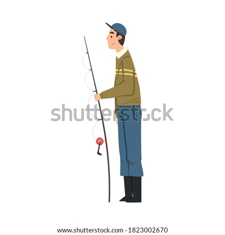 Fisherman Standing with Fishing Rod, Hobby, Summer Outdoor Activity Cartoon Style Vector Illustration