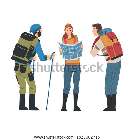 Friends Hiking on Nature, Travelers with Backpacks and Route Map, Summer Adventure Trip Cartoon Style Vector Illustration