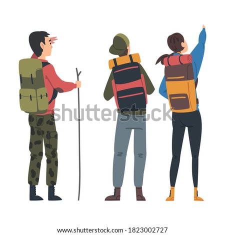 Friends Hiking on Nature, Back View of Travelers with Backpacks Looking into the Distance, Summer Vacation Adventures Cartoon Style Vector Illustration