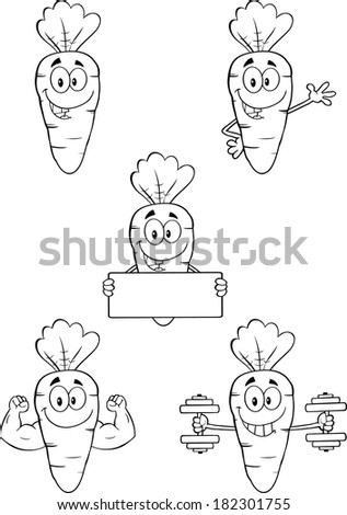 Black And White Carrot Cartoon Characters 1. Set Raster Collection 