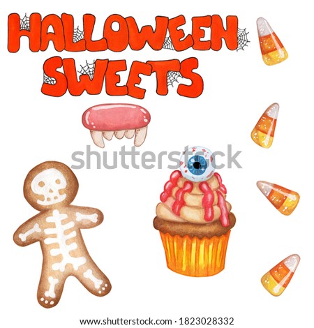 A set of sweets for Halloween. Orange text Halloween sweets with cobwebs, gingerbread with skeleton, candy teeth, caramels and cupcake in yellow mold with beige cream and eye. Watercolor illustration 