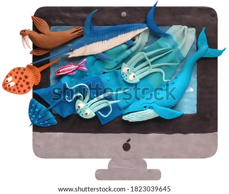 
ocean animals on a computer screen, molded from plasticine