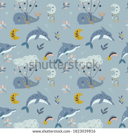 Seamless pattern with celestial whale and moon. Pattern for bedroom, wallpaper, kids and baby t-shirts and wear, hand drawn nursery illustration
