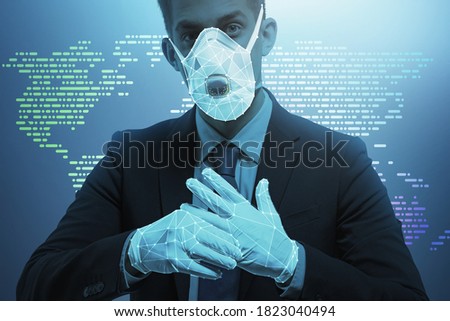 Young businessman wearing protective mask and rubber gloves over blue background with world map hologram. Toned image