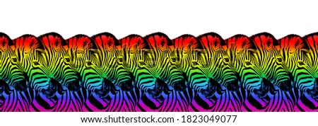 Zebras head LGBTQ community rainbow flag colors seamless pattern white background isolated, LGBT pride art border, frame, banner design, lesbian, gay etc symbol, logo, wallpaper, repeating ornament