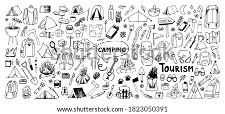 Huge hand drawn vector camping clip art set. Isolated on white background drawing for prints, poster, cute stationery, travel design. High quality illustrations