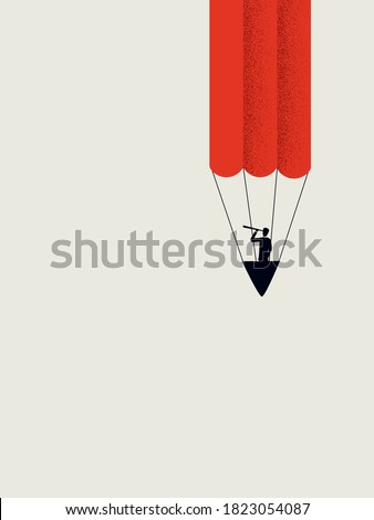 Business creativity vector concept. Innovation and inspiration symbol, visionary businessman flying balloon in shape of pencil. Eps10 illustration. Royalty-Free Stock Photo #1823054087