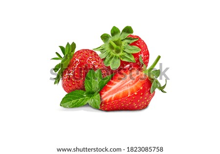 Two delicious strawberries and a half isolated on white background. Summer harvest. Close up, copy space, side view