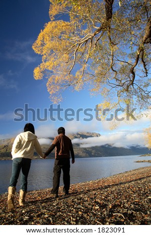 Lake and a couple walking enjoying beautiful view of nz mountains