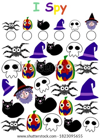 Amusing halloween I spy game for kids stock vector illustration. Find and count all spiders, pumpkins, black cats, witch hats, skulls and wizard. Funny educational game for halloween pastime.