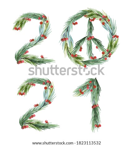 Watercolor  new year 2021 Peace Symbol. Christmas Card Peaceful, joy, love, hope symbol, Ecology clipart,  New Year Watercolor Clip Art, christmas  wreath, Lettering