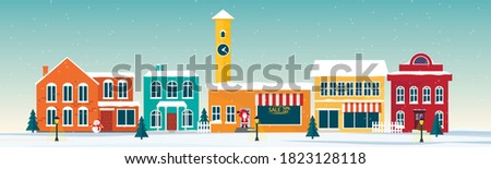 Panorama. Seamless border with the winter city landscape. Snowy day in a cozy city. Winter Christmas village landscape.