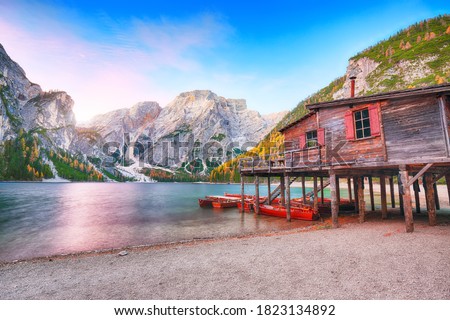Marvelous scenery of famous alpine lake Braies at autumn. Location:  national park Fanes-Sennes-Braies, region Trentino-Alto Adige , province Bolzano, Italy, Europe