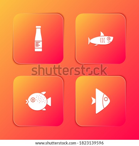 Set Sauce bottle, Shark, Puffer fish and Fish icon. Vector.