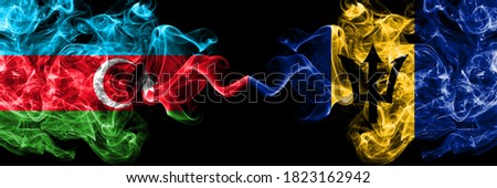 Azerbaijan, Azerbaijani vs Barbados, Barbadian smoky mystic flags placed side by side. Thick colored silky abstract smoke flags