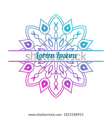 Colorful gradient floral card with blank space in the middle. Invitation template with decorative mandala. Lotus flower card, poster, flyer. Vector illustration.