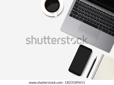 Flat lay of office desk with laptop, smartphone, coffee cup pen and notebook with copy space background. Top view modern workspace. Realistic objects mockup vector illustration Royalty-Free Stock Photo #1823189651