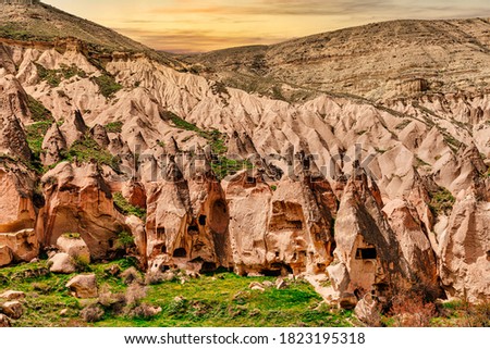 Zelve, Cappadocia, Nevsehir Province, Central Anatolia, Turkey. Sunset Royalty-Free Stock Photo #1823195318