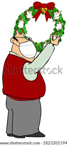 Illustration of a chubby man wearing a face mask hanging up a Christmas wreath with assorted angels on it.