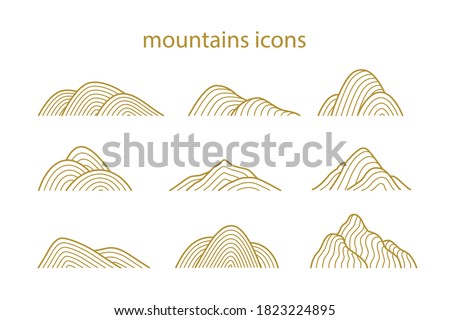 Collection of mountain shapes icons isolated on white background. Line art design. Vector flat illustration.  Royalty-Free Stock Photo #1823224895