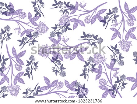 Vector delicate blue background with flowers. Clover vector illustration. Flower pattern linear clover. Blue vector engraving of clover. Abstract linear background with flowers.