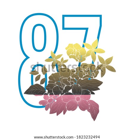 The number 87 and flowers. Blue numbers, yellow, black and pink flowers. So cute! Draw Vector T-Shirt Fashion Design