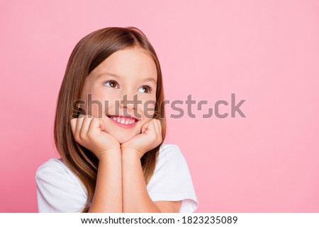 Close-up portrait of her she nice-looking attractive lovely sweet dreamy cheerful cheery girl fantasizing copy empty blank place space isolated pink pastel color background