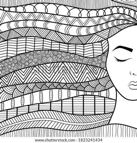 Vector Illustration Anti Stress Mandala Coloring Book Page Line Art Beautiful Woman Outline Sketch White Background