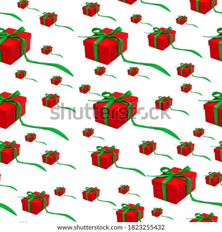 Christmas present pattern seamless. Red gift box with green ribbon and bow on white.