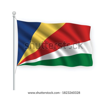 3d waving flag Seychelles on flagpole Isolated on white background.