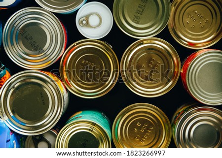 Various canned food in metal cans, top view Royalty-Free Stock Photo #1823266997