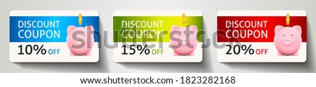 Discount card with Piggy bank, gold coin and sale text: 10%, 15%, 20% off on blue, green and red background. Template useful for promotion design, shopping card (loyalty card), voucher or gift card