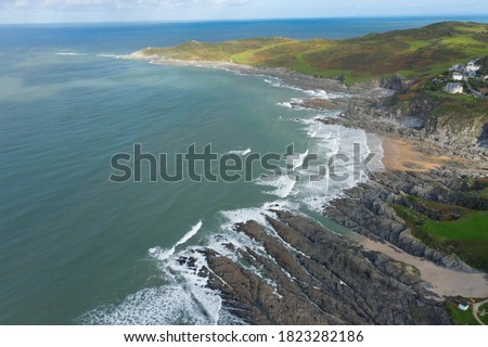Woolacombe, picture taken from drone on Woolacombe beach looking towards Morte point