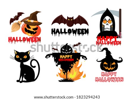 happy halloween with bat, cat, pumpkin, fire, hat and  broom