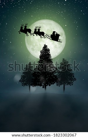 Silhouette of Santa Claus get a move to ride on their reindeer over full moon at night Christmas.