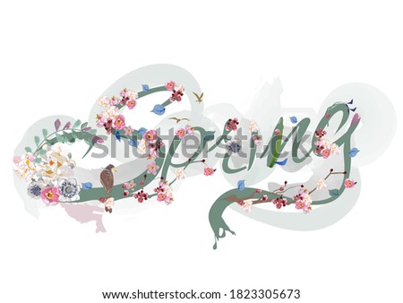 Design of Spring lettering decorated with birds and flowers: snowdrops, lilies, dahlias, anemone. Hand drawn musical vector illustration.