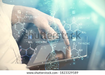 Double exposure of man's hands holding and using a phone and DNA drawing. Medical education concept.