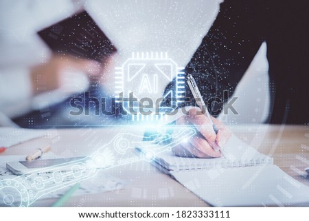 Double exposure of data theme sketch drawing over people writing background. Concept of technology
