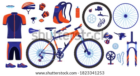 Bike bicycle vector illustration set. Cartoon flat cycle parts infographic elements collection of cyclist gear, sportswear for biker, track accessories for extreme sport training isolated on white