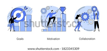 Business growth abstract concept vector illustration set. Goals, motivation and collaboration, achievement and coaching, enterprise cooperation, business meeting, smart planning abstract metaphor. Royalty-Free Stock Photo #1823345309