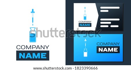 Logotype Glass bottle with a pipette. Vial with a pipette inside and lid icon isolated on white background. Container for medical and cosmetic product. Logo design template element. Vector.