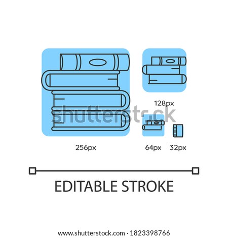 Book pile blue linear icons set. Stack of hardcover textbooks. Self education and knowledge. Thin line customizable 256, 128, 64 and 32 px vector illustrations. Contour symbols. Editable stroke