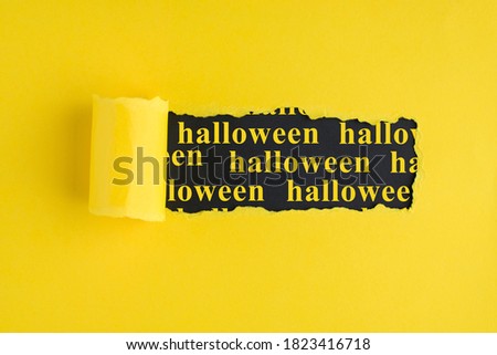 Halloween banner word lettering scroll concept. Photo of cardboard paper brochure with hole and text inside. Copy empty blank space