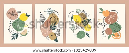 Collection of contemporary art prints. Abstract fruits. Apples, pears, apricots and lemons. Modern design for posters, cards, packaging and more