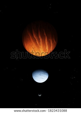 Red rocky planet and ice planet with asteroid in space with stars