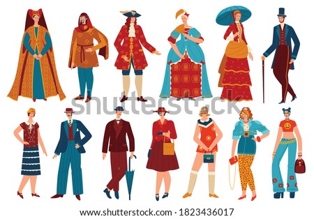 Fashion people in history vintage costume vector illustration set. Cartoon flat fashionable style evolution for man woman characters collection with historical clothing design isolated on white Royalty-Free Stock Photo #1823436017