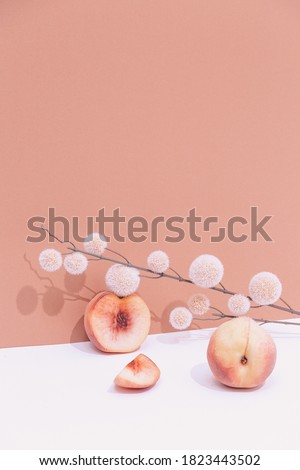 Fashion Still life scene with fresh peach and decor brunch. Minimal details aesthetic. Eco life Royalty-Free Stock Photo #1823443502