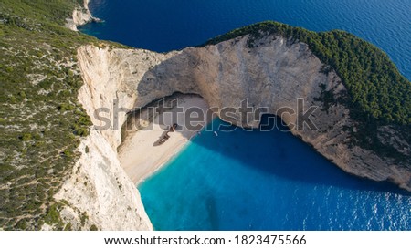 Wide aerial view of the old shipwreck located in Zante, Greece