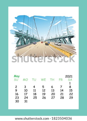 Calendar sheet layout May month 2021 year. Philadelphia. Pennsylvania. USA. Hand drawn.Unusual Street sketch, vector illustration